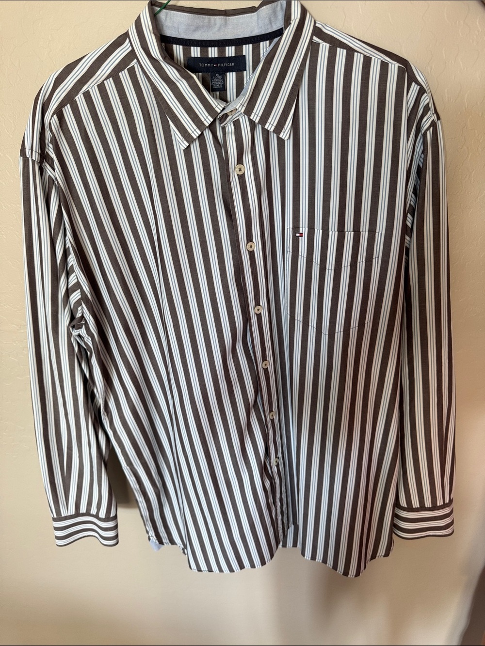 Tommy Hilfiger Brown and White Striped Long-Sleeve Dress Shirt